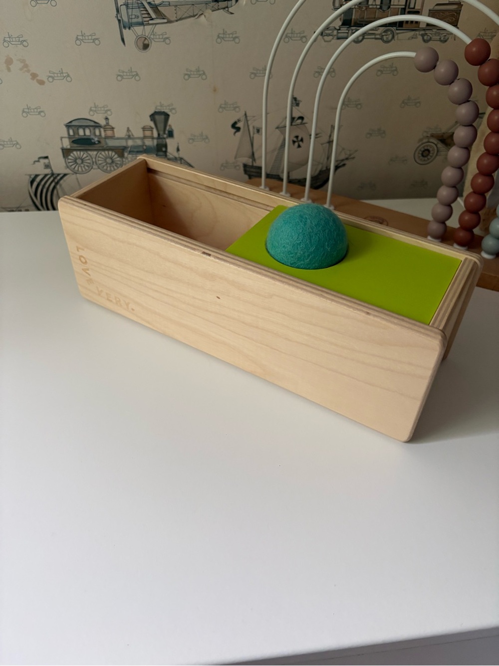 LOVEVERY Kids Wooden Sliding Top Box with Teal Ball